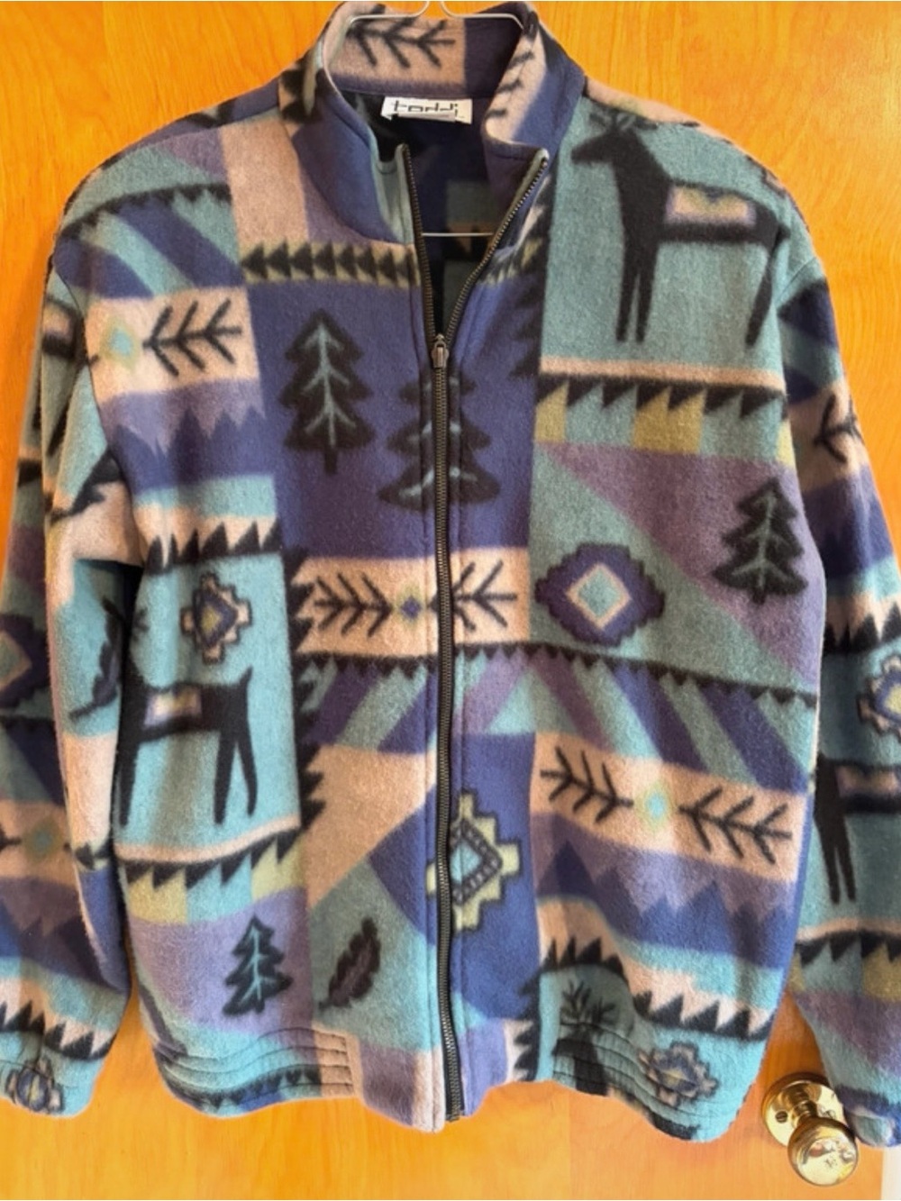 Vintage 90’s Teddi Fleece Geometric Woodland Print - Blue/Tan